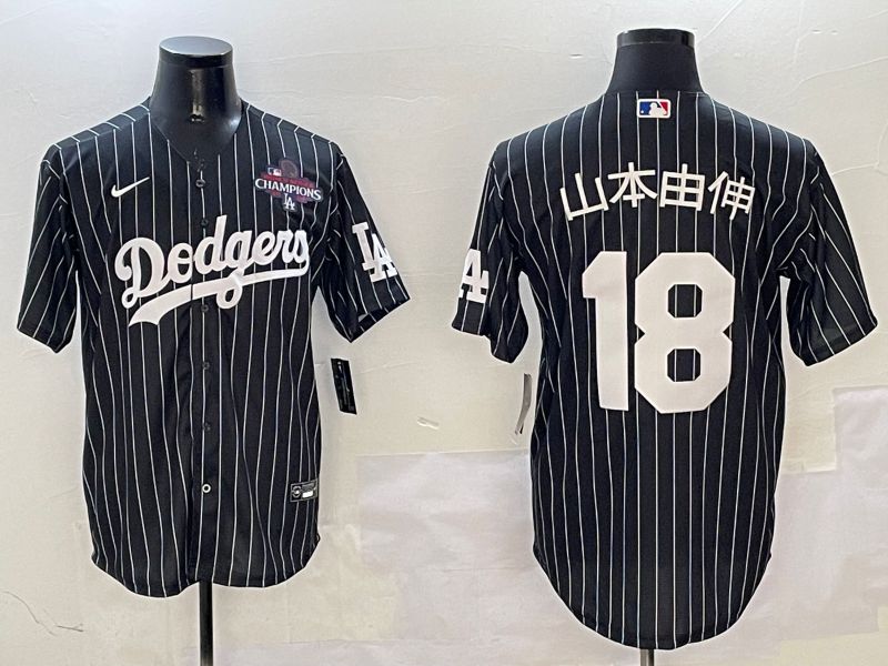 Men Los Angeles Dodgers #18 Yamamoto Black Stripe Jointly Name 2025 Nike MLB Jersey style 22